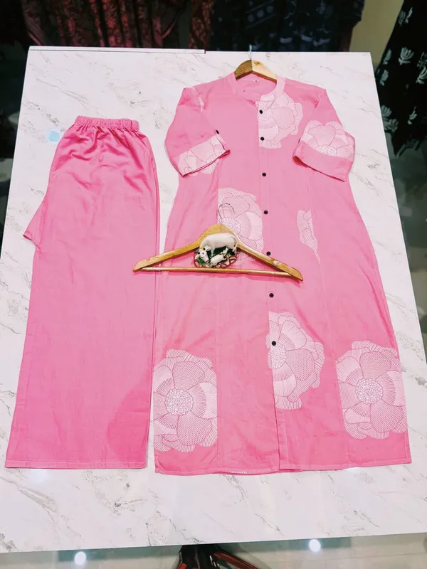 White_&_Pink_Floral_Cotton_Kurta_Palazzo_Co-Ord_Set_A-Line_Kurta_With_3/4Th_Sleeves_&_Matching_Pants_Summer_Ethnic Wear For Women