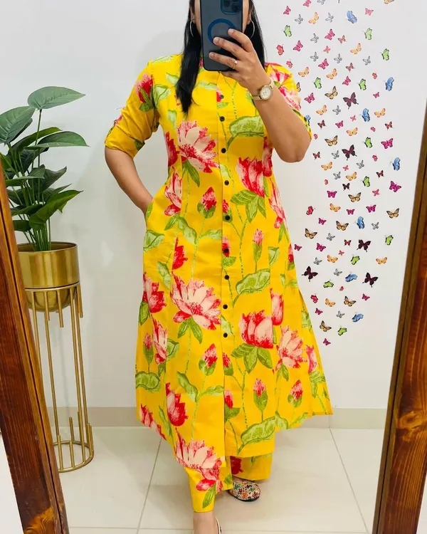 flower_Yellow_Floral_Cotton_Kurta_Palazzo_Co-Ord_Set_A-Line_Kurta_With_3/4Th_Sleeves_&_Matching_Pants_Summer_Ethnic Wear For Women