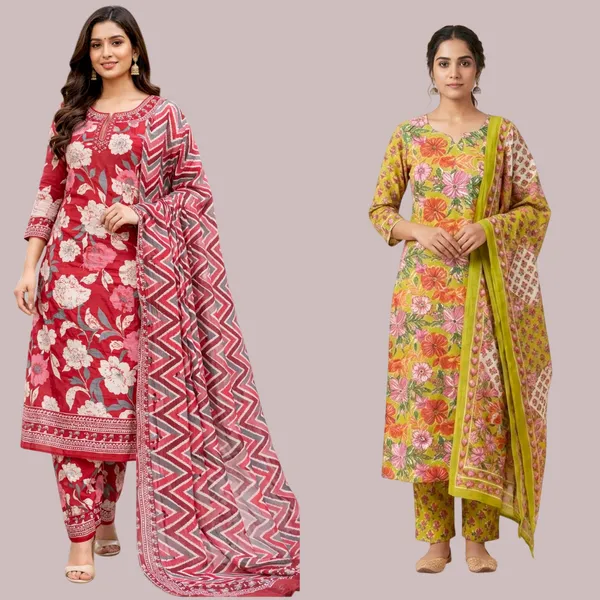Red_And_Mehandi_Cotton_Suit_Unstitched_Dress_Material_Combo_Set_Pack_Of_2