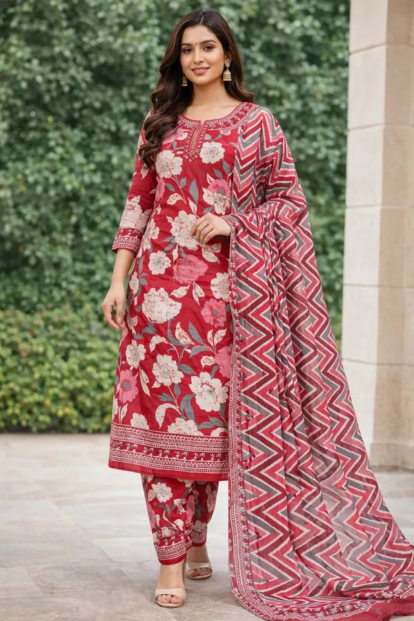 Red_And_Mehandi_Cotton_Suit_Unstitched_Dress_Material_Combo_Set_Pack_Of_2