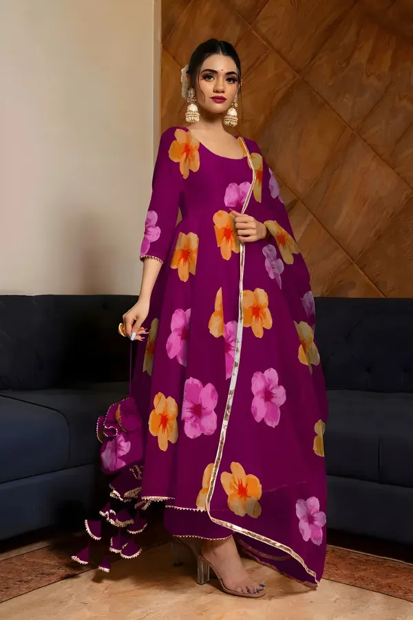 Wine_Georgette_Premium_&_Elegant_Gown_&_Dupatta_Set_For_Women