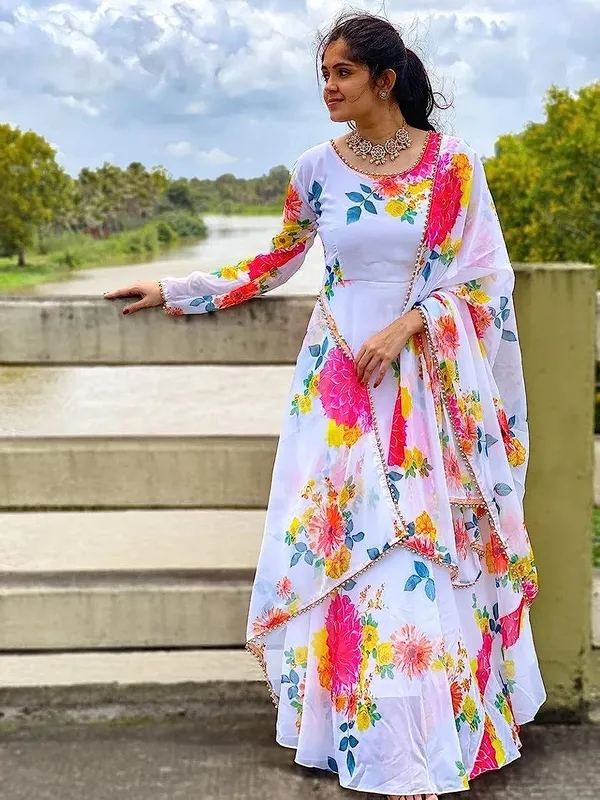 White_Georgette_Premium_&_Elegant_Gown_&_Dupatta_Set_For_Women