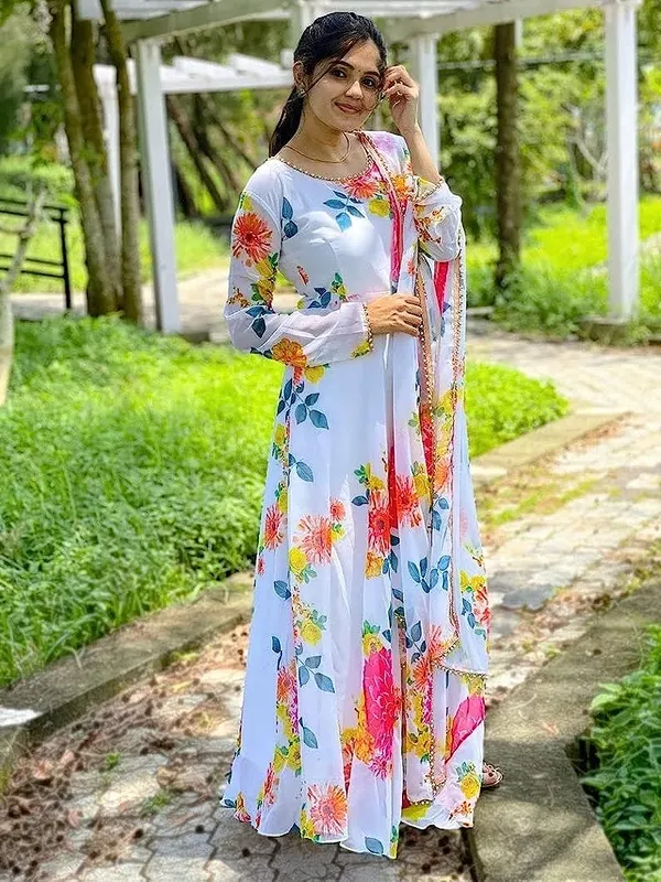 White_Georgette_Premium_&_Elegant_Gown_&_Dupatta_Set_For_Women