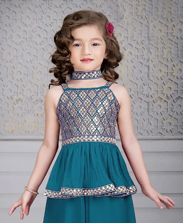 Blue_Crape_Premium_&_Elegant_Kurta_&_Sharara_Set_With_Dupatta_For_Girls