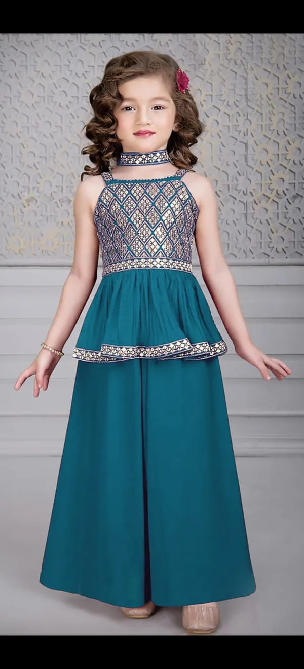 Blue_Crape_Premium_&_Elegant_Kurta_&_Sharara_Set_With_Dupatta_For_Girls