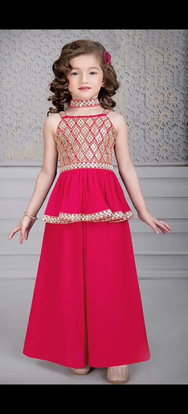 Pink_Crape_Premium_&_Elegant_Kurta_&_Sharara_Set_With_Dupatta_For_Girls