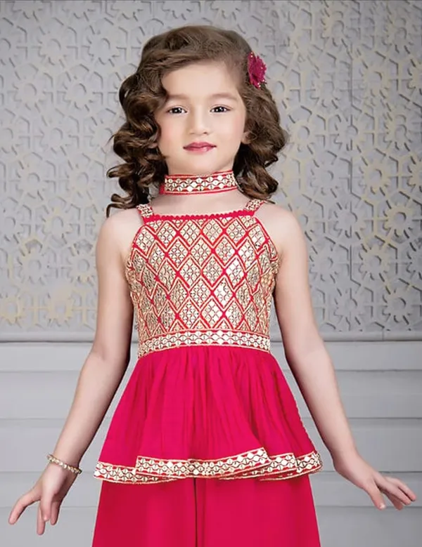 Pink_Crape_Premium_&_Elegant_Kurta_&_Sharara_Set_With_Dupatta_For_Girls