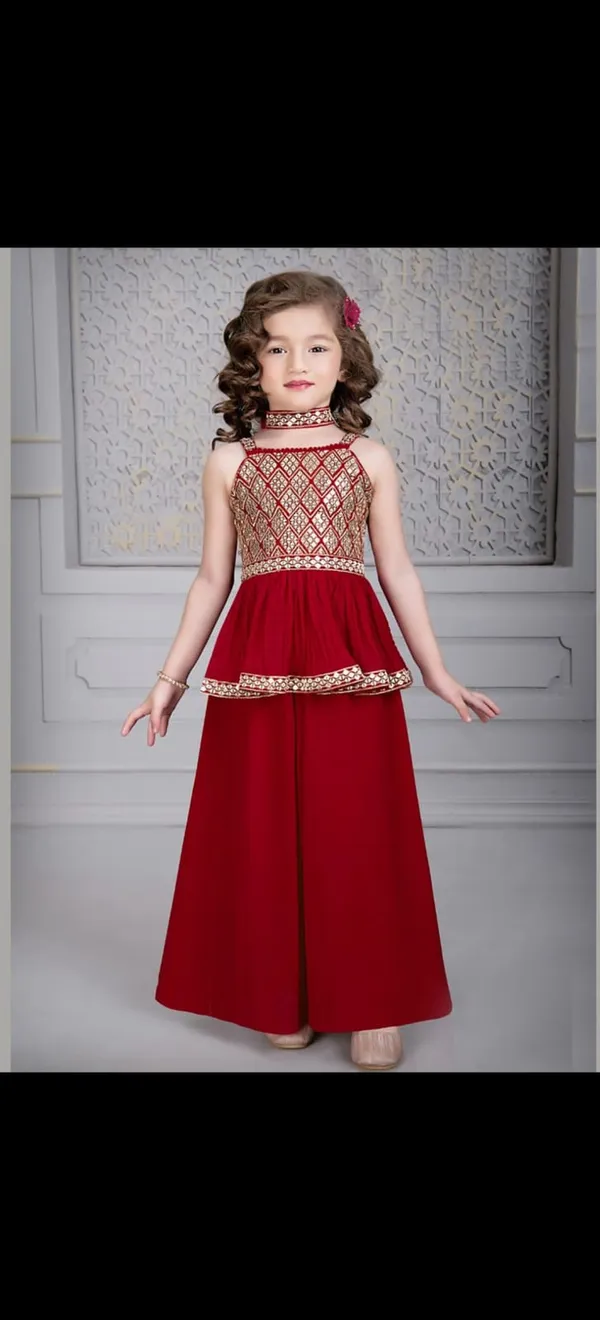 Red_Crape_Premium_&_Elegant_Kurta_&_Sharara_Set_With_Dupatta_For_Girls