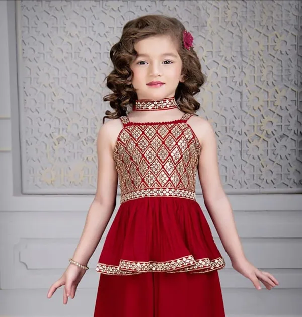 Red_Crape_Premium_&_Elegant_Kurta_&_Sharara_Set_With_Dupatta_For_Girls
