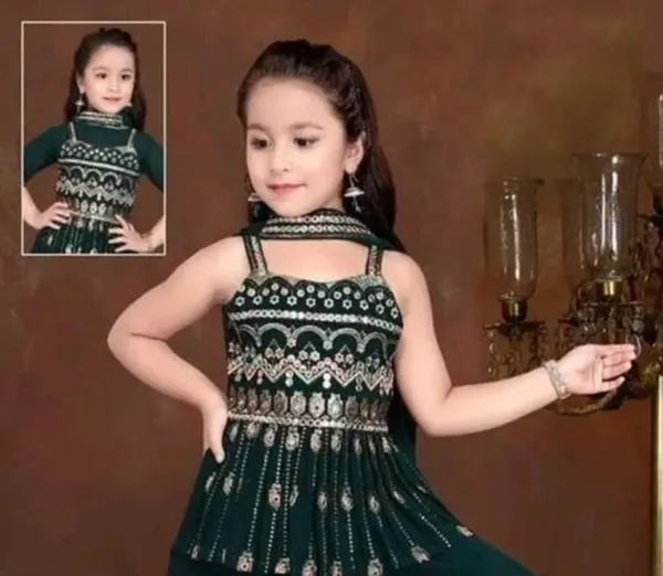 Green_Crape_Premium_&_Elegant_Kurta_&_Sharara_Set_With_Dupatta_For_Girls