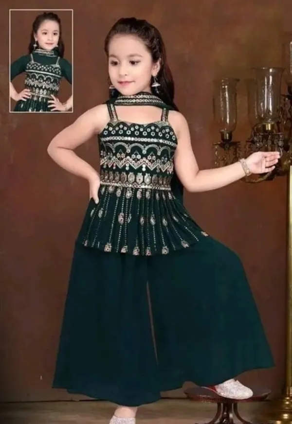 Green_Crape_Premium_&_Elegant_Kurta_&_Sharara_Set_With_Dupatta_For_Girls