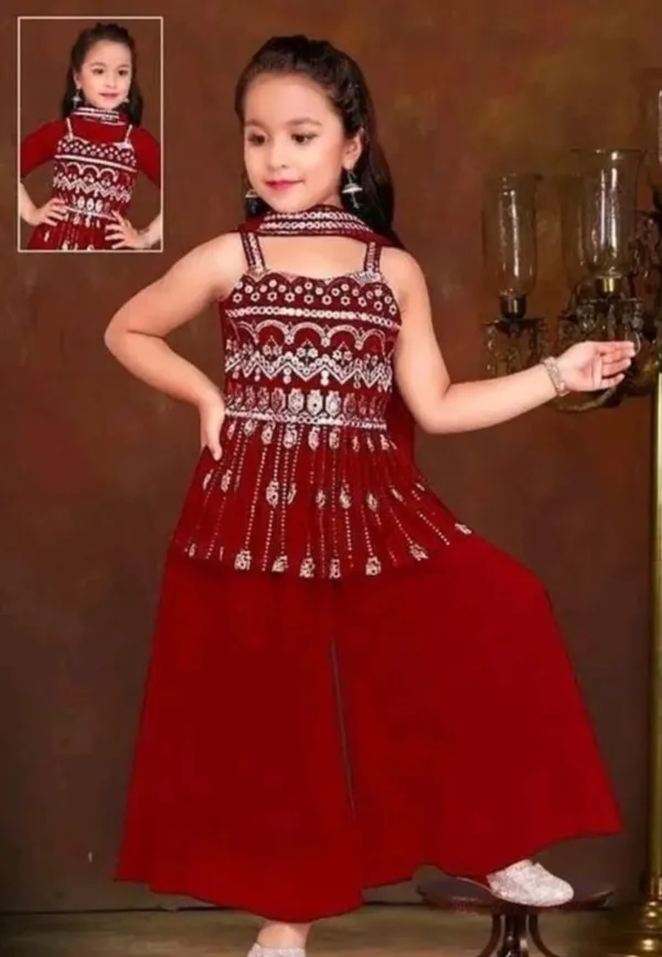Red_Crape_Premium_&_Elegant_Kurta_&_Sharara_Set_With_Dupatta_For_Girls