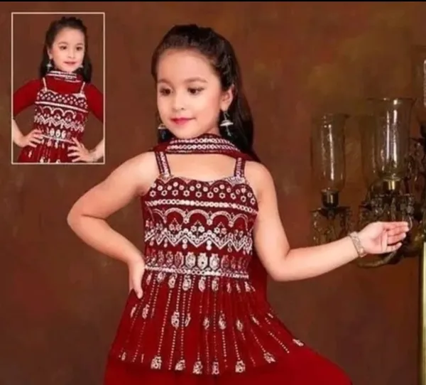 Red_Crape_Premium_&_Elegant_Kurta_&_Sharara_Set_With_Dupatta_For_Girls