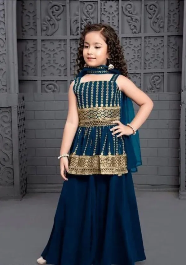 Blue_Crape_Premium_&_Elegant_Kurta_&_Sharara_Set_With_Dupatta_For_Girls