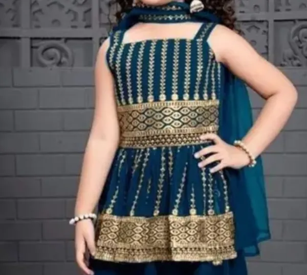 Blue_Crape_Premium_&_Elegant_Kurta_&_Sharara_Set_With_Dupatta_For_Girls