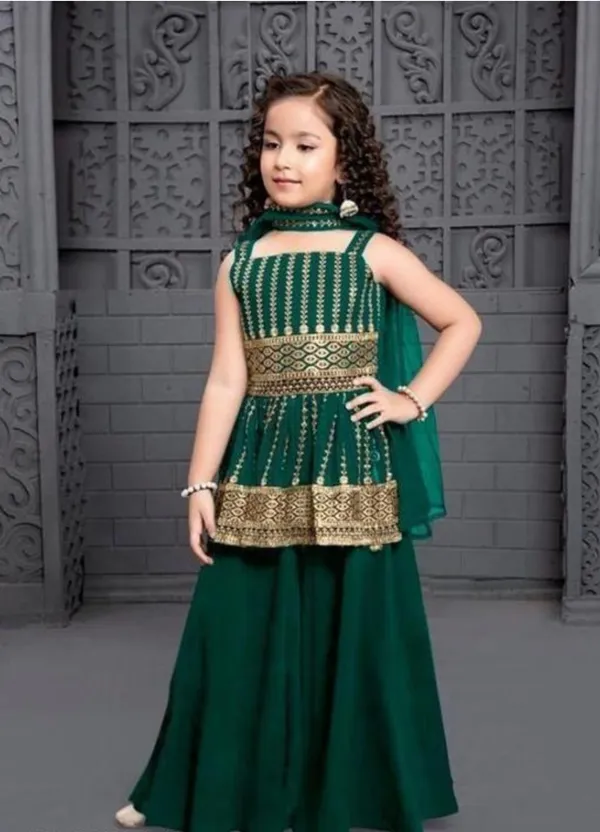Green_Crape_Premium_&_Elegant_Kurta_&_Sharara_Set_With_Dupatta_For_Girls