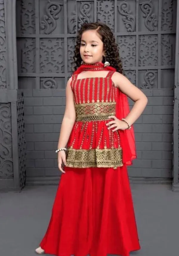 Red_Crape_Premium_&_Elegant_Kurta_&_Sharara_Set_With_Dupatta_For_Girls