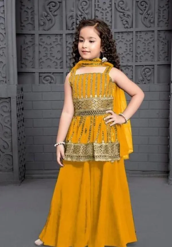 Yellow_Crape_Premium_&_Elegant_Kurta_&_Sharara_Set_With_Dupatta_For_Girls