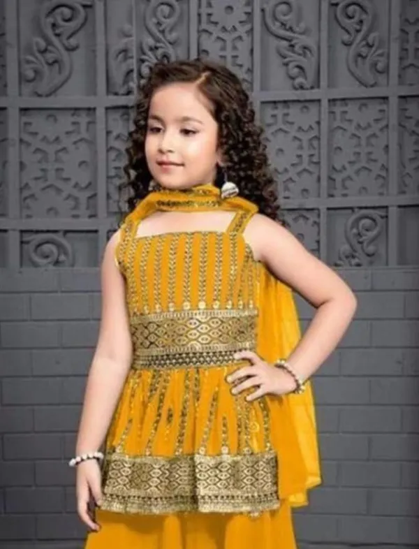Yellow_Crape_Premium_&_Elegant_Kurta_&_Sharara_Set_With_Dupatta_For_Girls