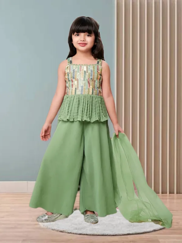 Green_Crape_Premium_&_Elegant_Kurta_&_Sharara_Set_With_Dupatta_For_Girls