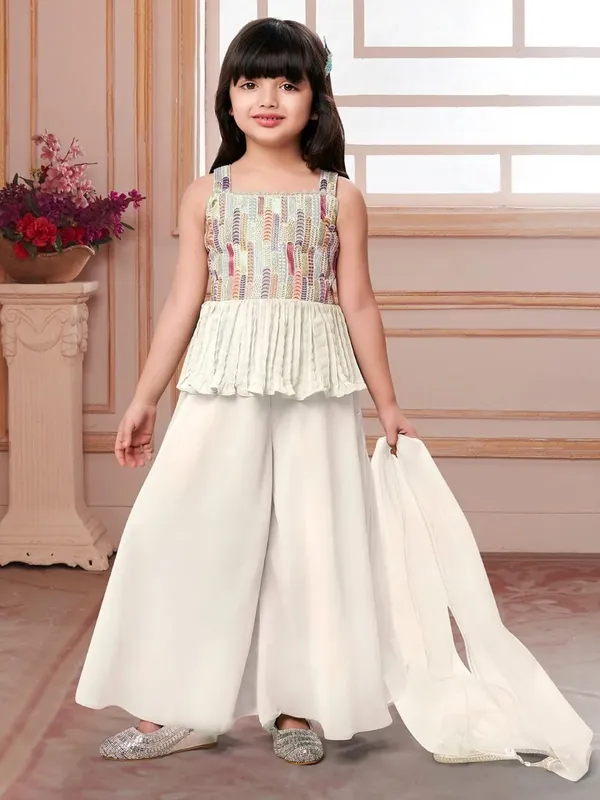 White_Crape_Premium_&_Elegant_Kurta_&_Sharara_Set_With_Dupatta_For_Girls