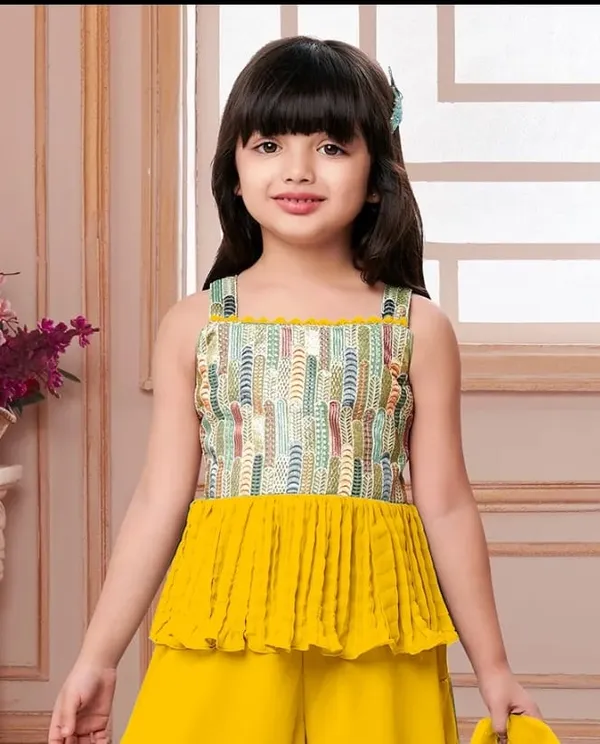 Yellow_Crape_Premium_&_Elegant_Kurta_&_Sharara_Set_With_Dupatta_For_Girls