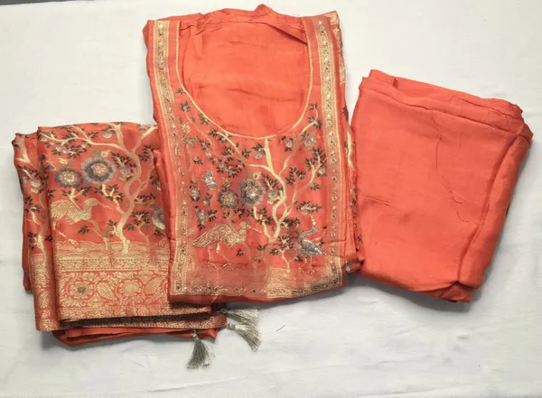 Orange_Art_Silk_Unstitched_Suit_With_Zari_Woven_Dupatta_For_Women