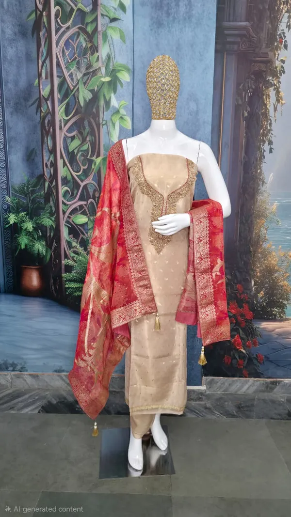 Peach_Banarsi_Silk_Unstitched_Suit_With_Heavy_Zari_Dupatta_For_Women