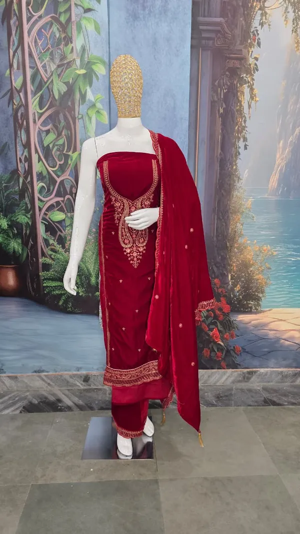 Regal_Maroon_Velvet_Unstitched_Suit_Set_With_Heavy_Zari_Embroidery__For_Women