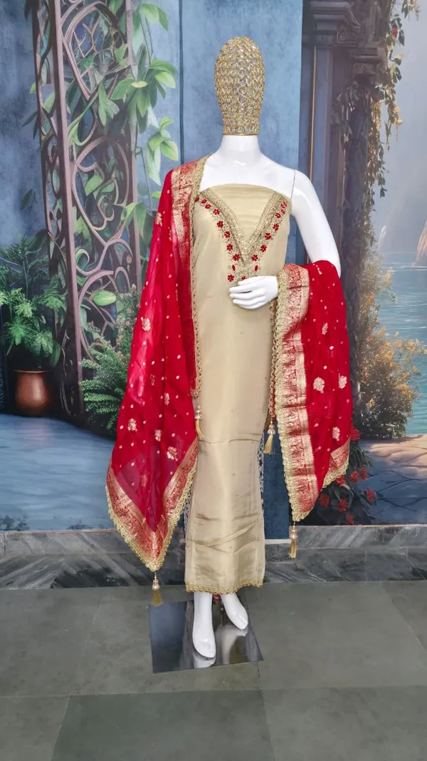 Gold_&_Beige_Royal_Silk_Art_Unstitched_Suit_Set_With_Gota_Patti_&_Heavy_Dupatta_For_Women