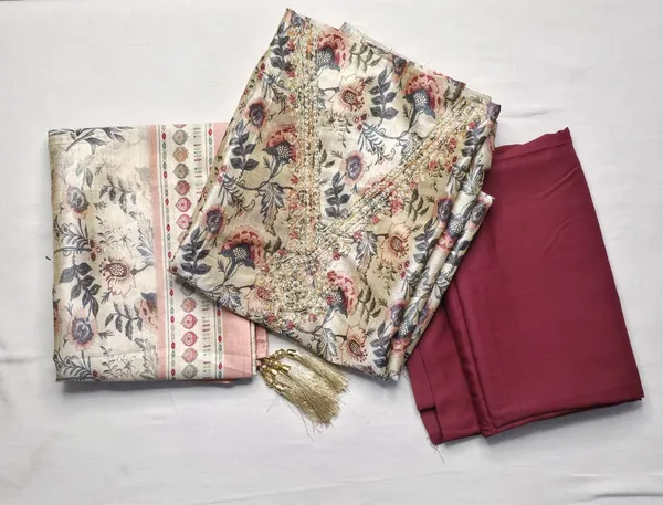 Beige_Luxurious_Silk_Tussar_Unstitched_Suit_Set_With_Rayon_Bottom_For_Women