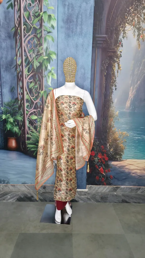 Beige_Luxurious_Silk_Tussar_Unstitched_Suit_Set_With_Rayon_Bottom_For_Women