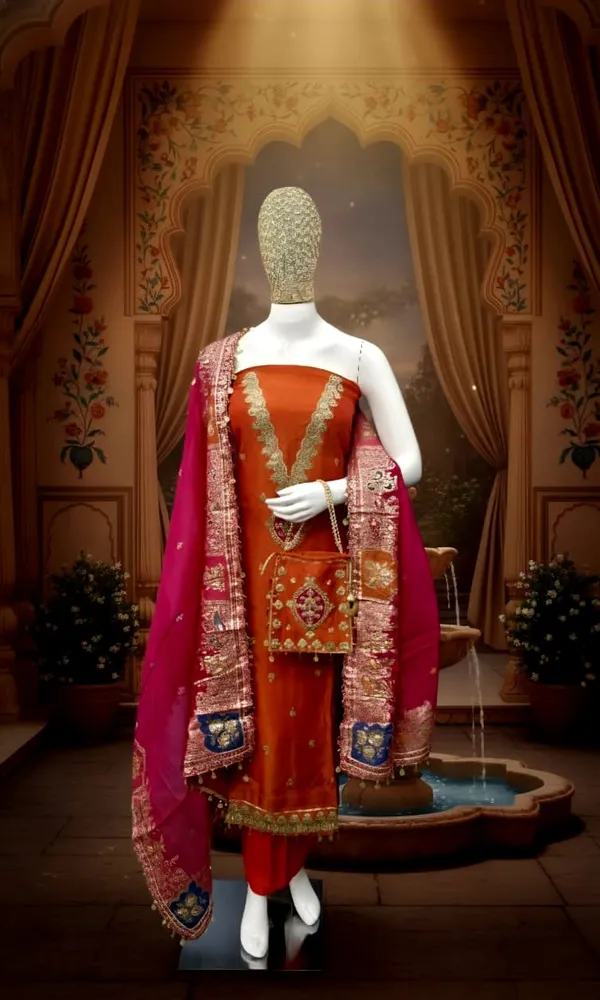Shimmer_Silk_Terracotta_Unstitched_Suit_with_Rani_Pink_Banarasi_Dupatta