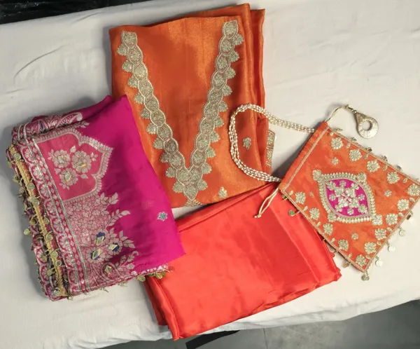 Shimmer_Silk_Terracotta_Unstitched_Suit_with_Rani_Pink_Banarasi_Dupatta