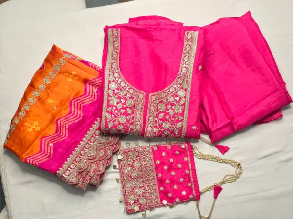 Vibrant_Pink_&_Orange_Bandhani_Silk_Unstitched_Suit_Set_With_Gota_Work_For_Women