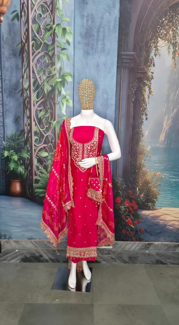 Vibrant_Pink_&_Orange_Bandhani_Silk_Unstitched_Suit_Set_With_Gota_Work_For_Women