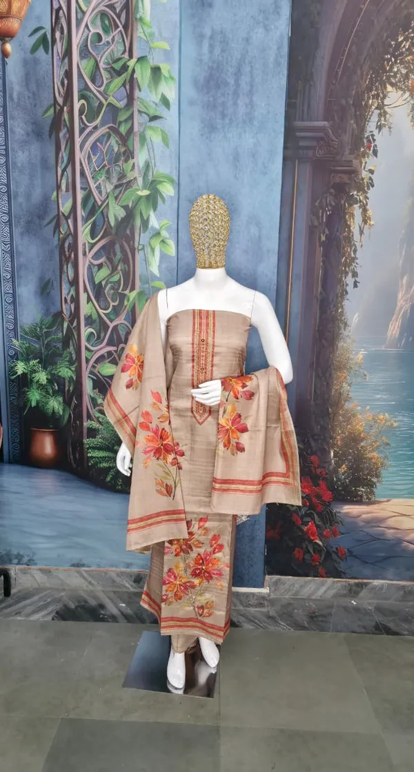 Beige_Unstitched_Tussar_Silk_Suit_Set_Floral_Print_With_Embroidered_Yoke__For_Women