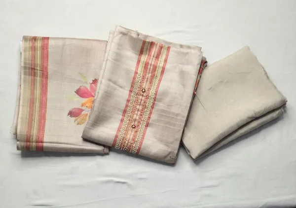 Beige_Unstitched_Tussar_Silk_Suit_Set_Floral_Print_With_Embroidered_Yoke__For_Women