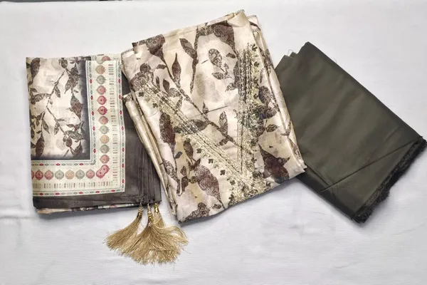 Beige_Luxurious_Silk_Tussar_Unstitched_Suit_Set_With_Rayon_Bottom_For_Women
