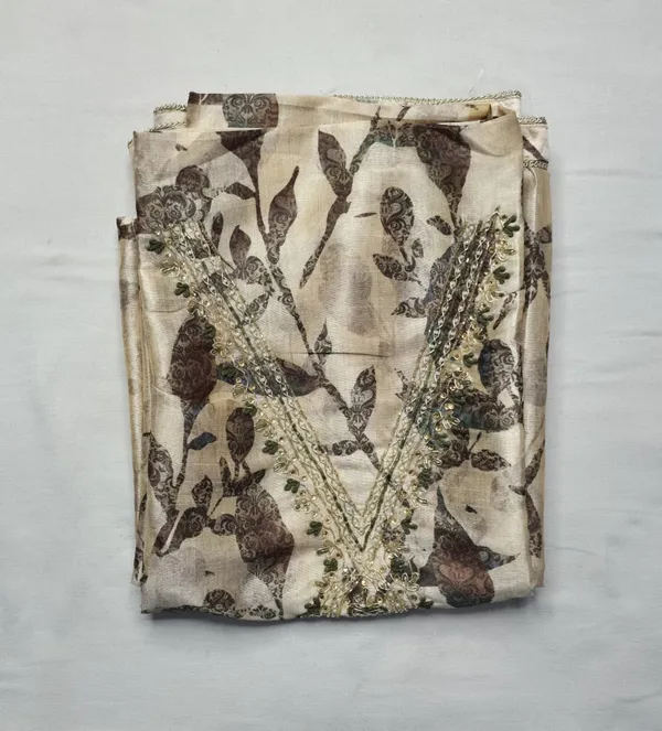 Beige_Luxurious_Silk_Tussar_Unstitched_Suit_Set_With_Rayon_Bottom_For_Women
