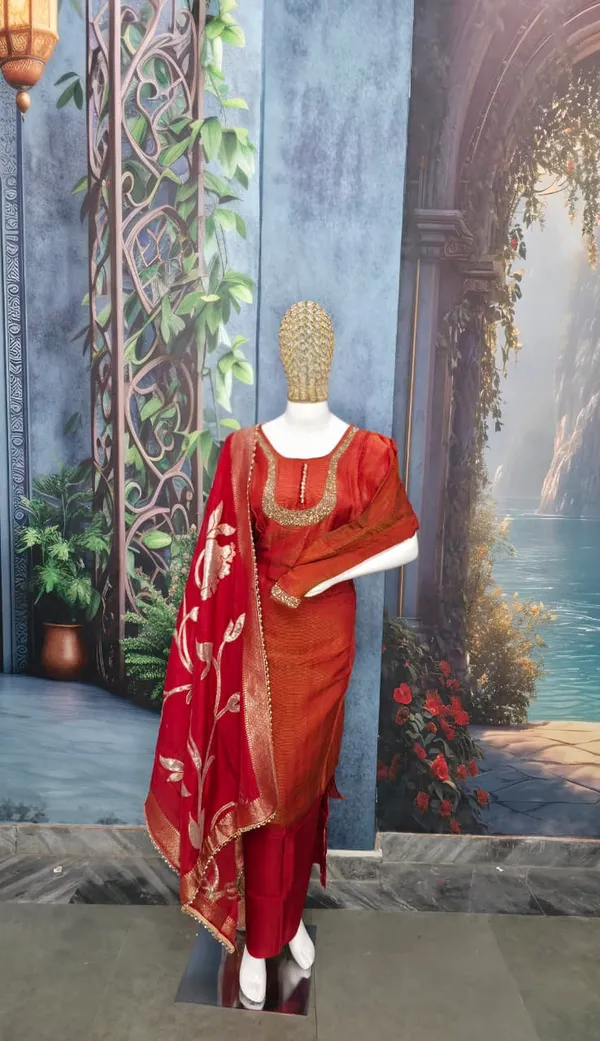 Red_Regal_Shimmer_Silk_Festive_Suit_(Semi-Stitched)_For_Women