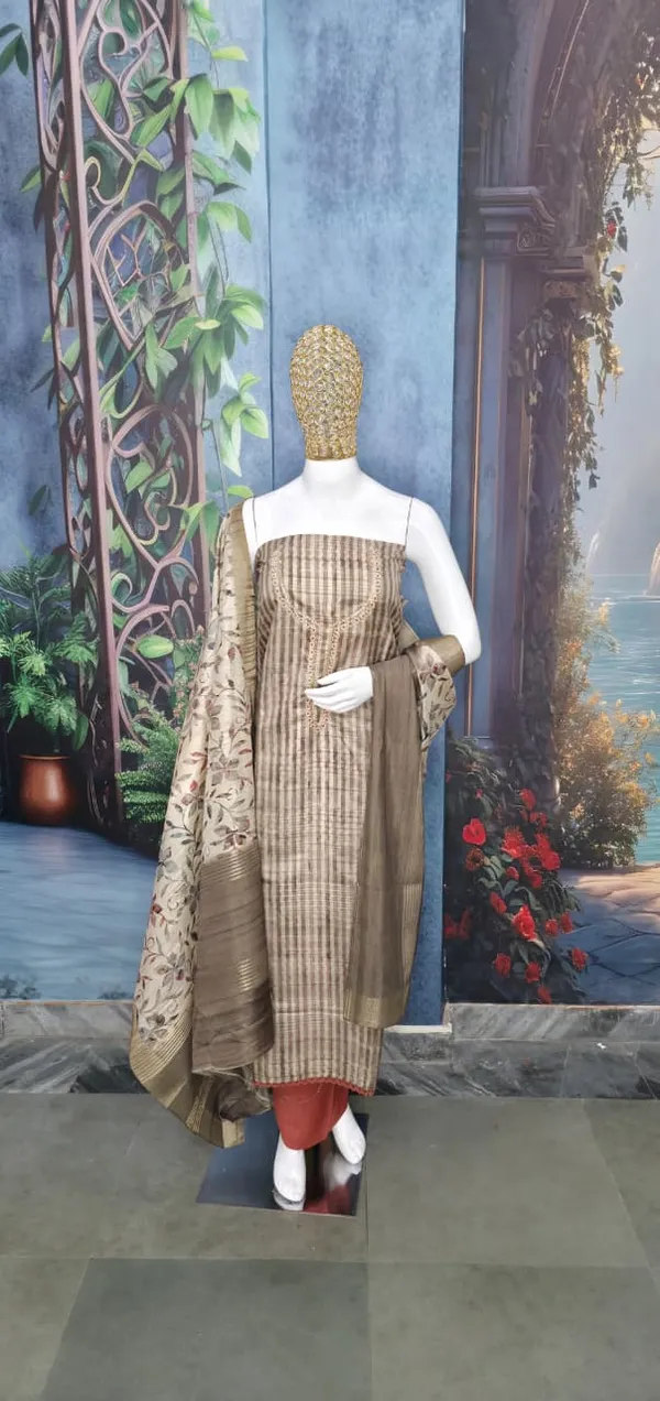 Multicolor_Tussar_Silk_Woven_Stripes_Unstitched_Suit_With_Floral_Printed_Dupatta__For_Women