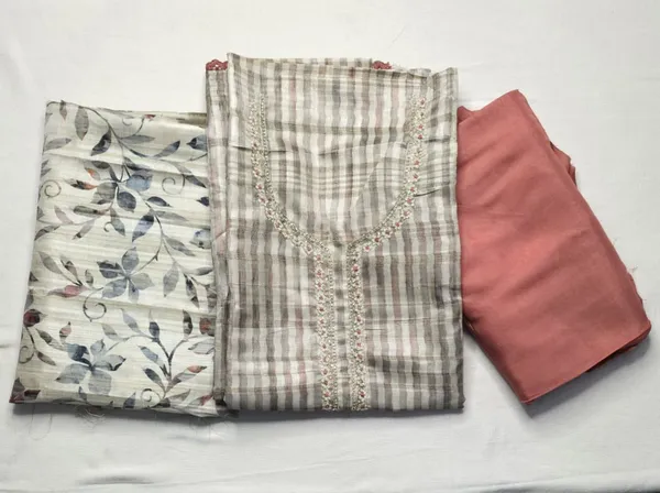 Multicolor_Tussar_Silk_Woven_Stripes_Unstitched_Suit_With_Floral_Printed_Dupatta__For_Women
