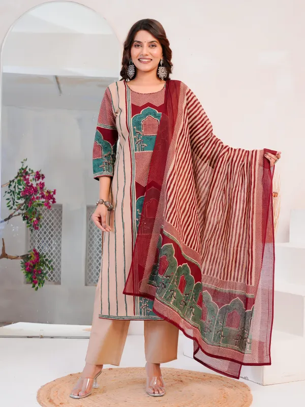 The_Tinge_Beige_&_Maroon_Panel_print_Straight_Suit_for_women