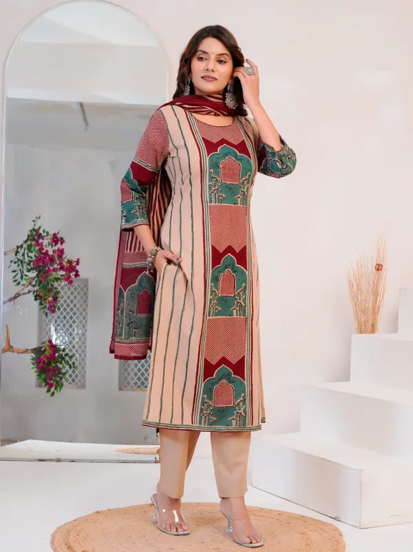The_Tinge_Beige_&_Maroon_Panel_print_Straight_Suit_for_women