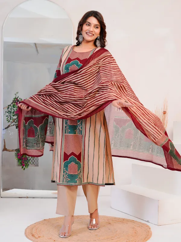 The_Tinge_Beige_&_Maroon_Panel_print_Straight_Suit_for_women