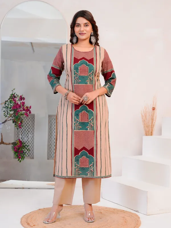 The_Tinge_Beige_&_Maroon_Panel_print_Straight_Suit_for_women