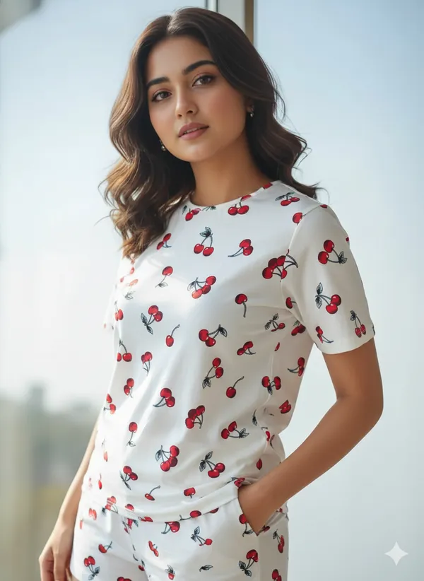 White_&_Red_Lycra_Casual_Night_Wear_For_Women