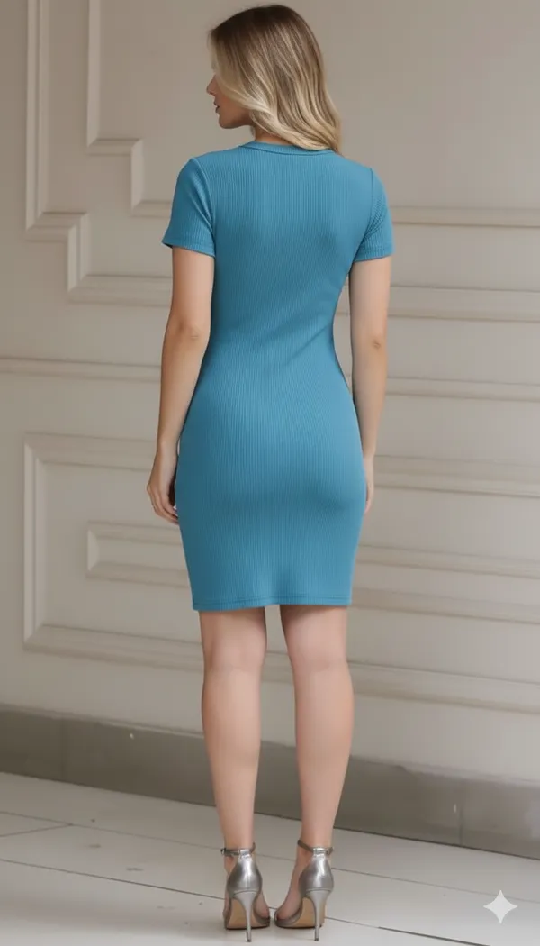 Blue_Rib_Knit_Fabric_Casual_One_Piece_For_Women