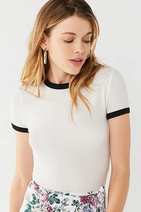 Black_&_White_Rib_Knit_Fabric_Casual_Top_For_Women